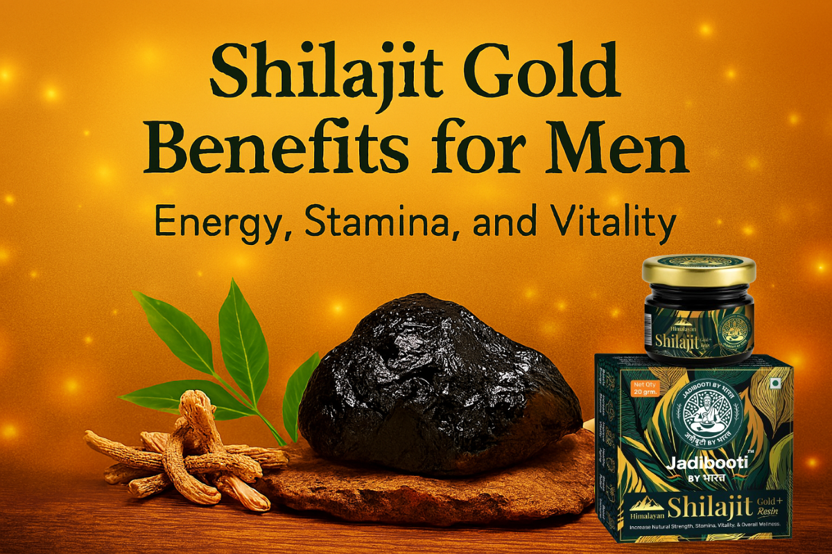 “Shilajit resin placed on rugged rock with Ashwagandha roots, Safed Musli, and Amla fruits against a glowing golden background. Text reads ‘Shilajit Gold Benefits for Men: Energy, Stamina, and Vitality’.”